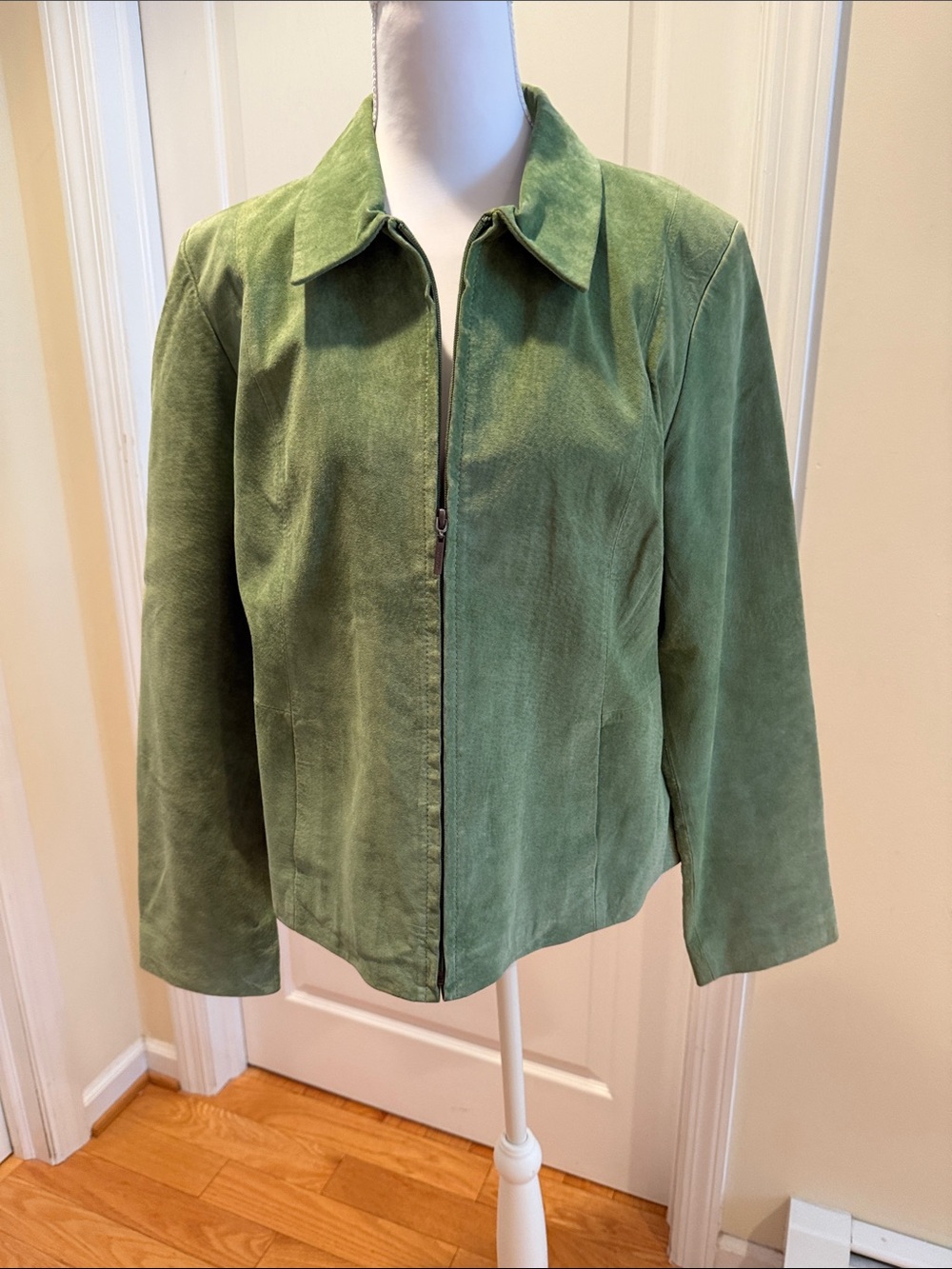 CO & Eddy Soft Green Suede Zip Jacket with pockets.